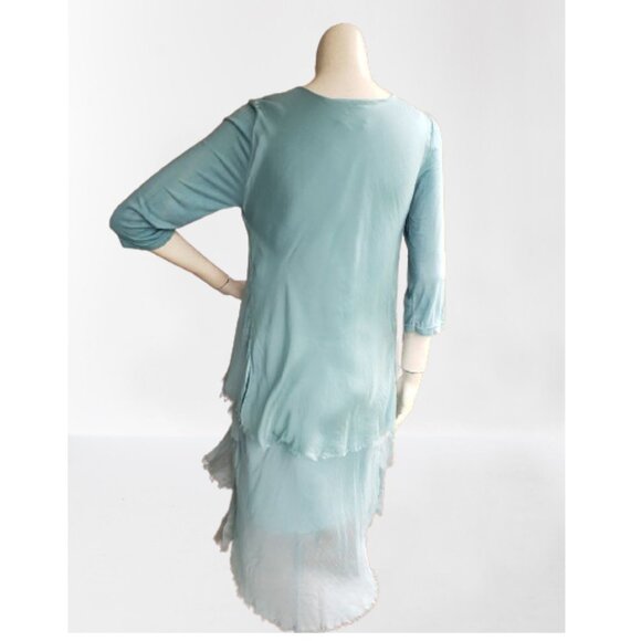 BNWT Silk Waterfall Layered 3/4 arm Midi Dress Made in Italy Light Teal - Picture 2 of 13